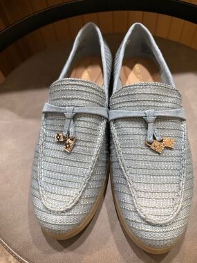Anne Klein Women's Sadrine Slip Linen Light Blue Braided Tassel Loafers